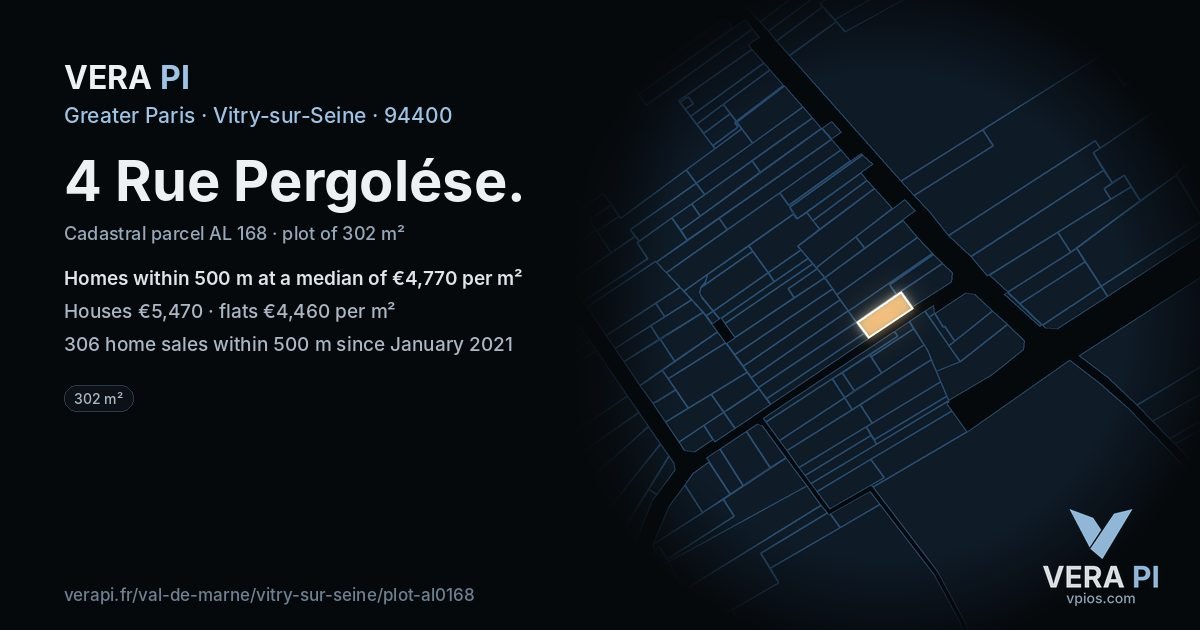 4 Rue Pergolése, Vitry-sur-Seine at night – the plot lit, the parcels around coloured by the prices near them