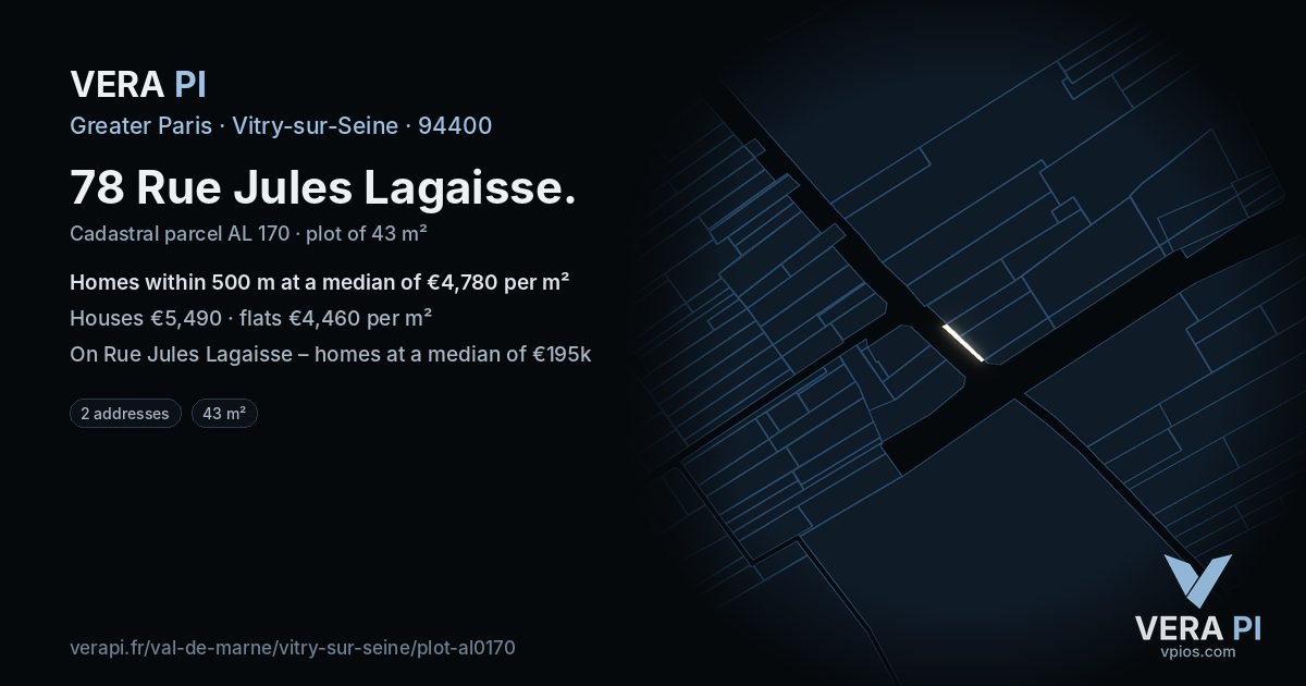 78 Rue Jules Lagaisse, Vitry-sur-Seine at night – the plot lit, the parcels around coloured by the prices near them