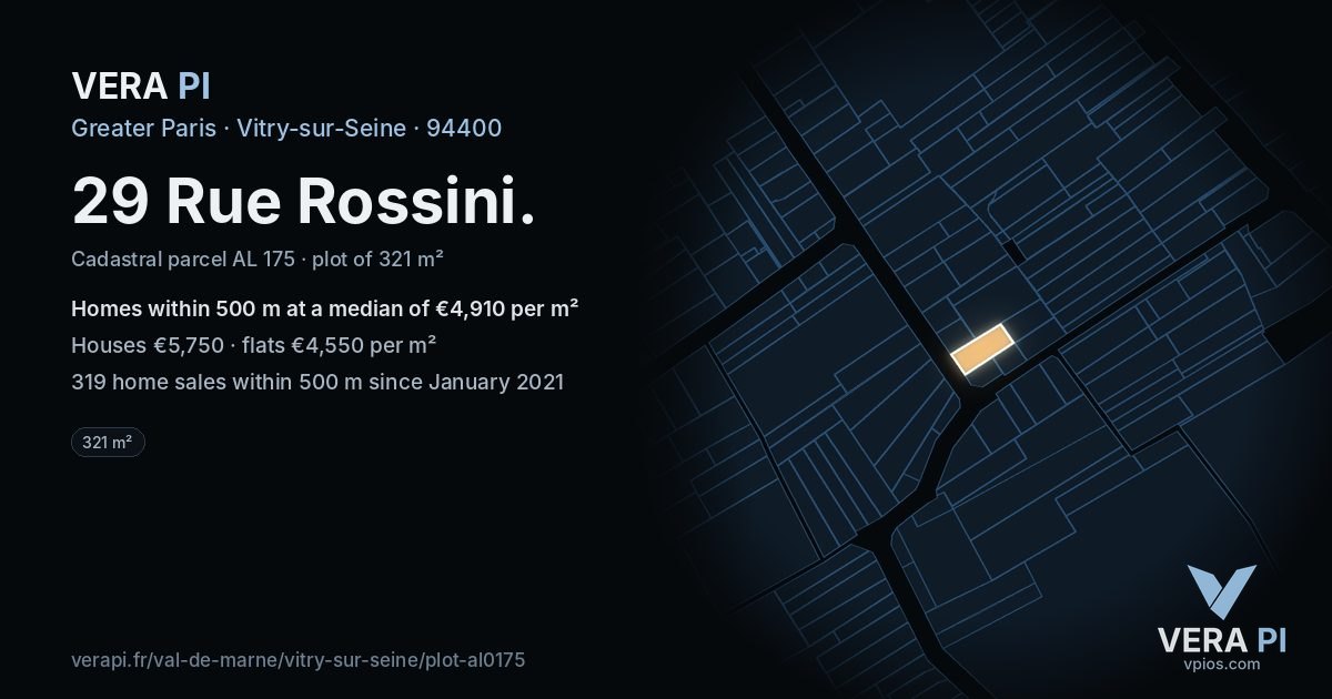 29 Rue Rossini, Vitry-sur-Seine at night – the plot lit, the parcels around coloured by the prices near them