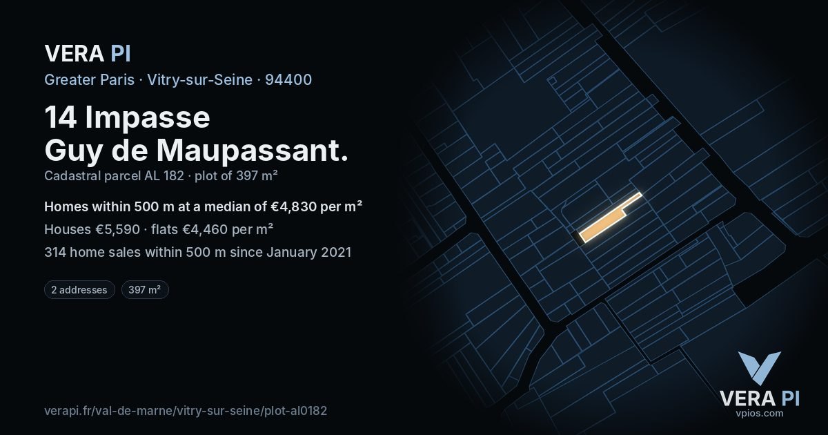 14 Impasse Guy de Maupassant, Vitry-sur-Seine at night – the plot lit, the parcels around coloured by the prices near them