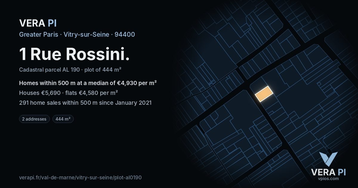 1 Rue Rossini, Vitry-sur-Seine at night – the plot lit, the parcels around coloured by the prices near them