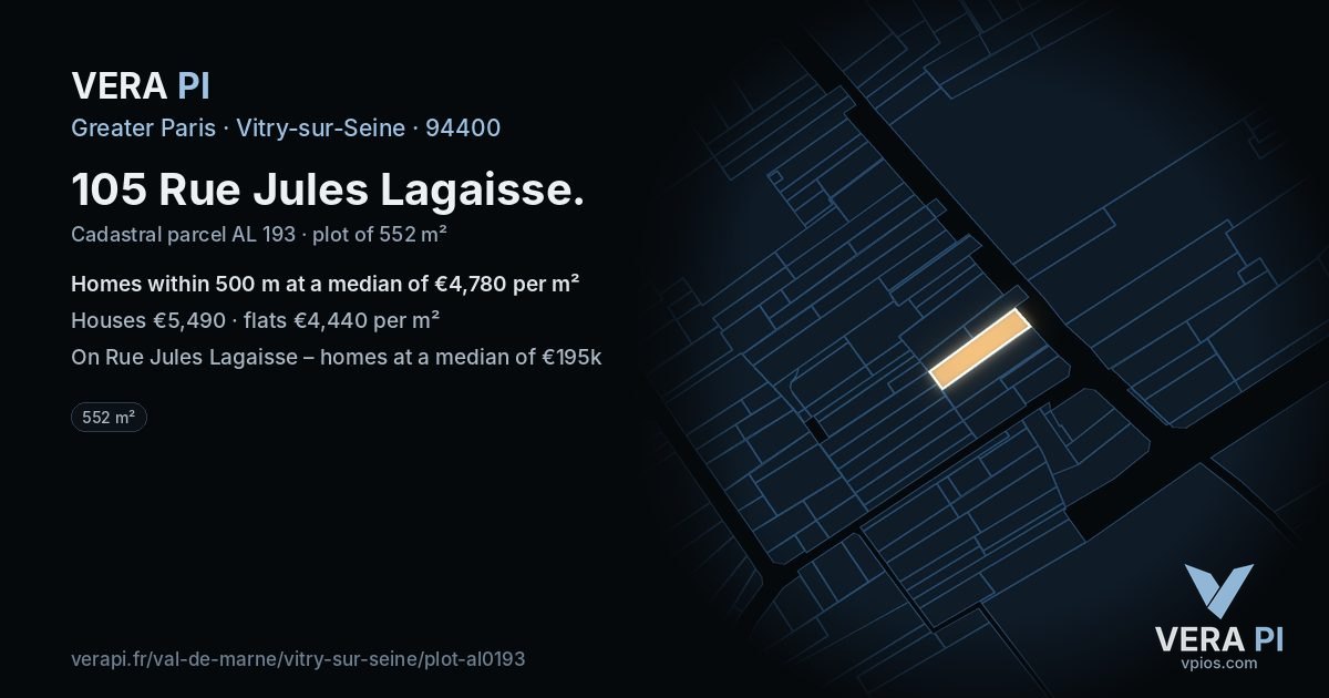 105 Rue Jules Lagaisse, Vitry-sur-Seine at night – the plot lit, the parcels around coloured by the prices near them