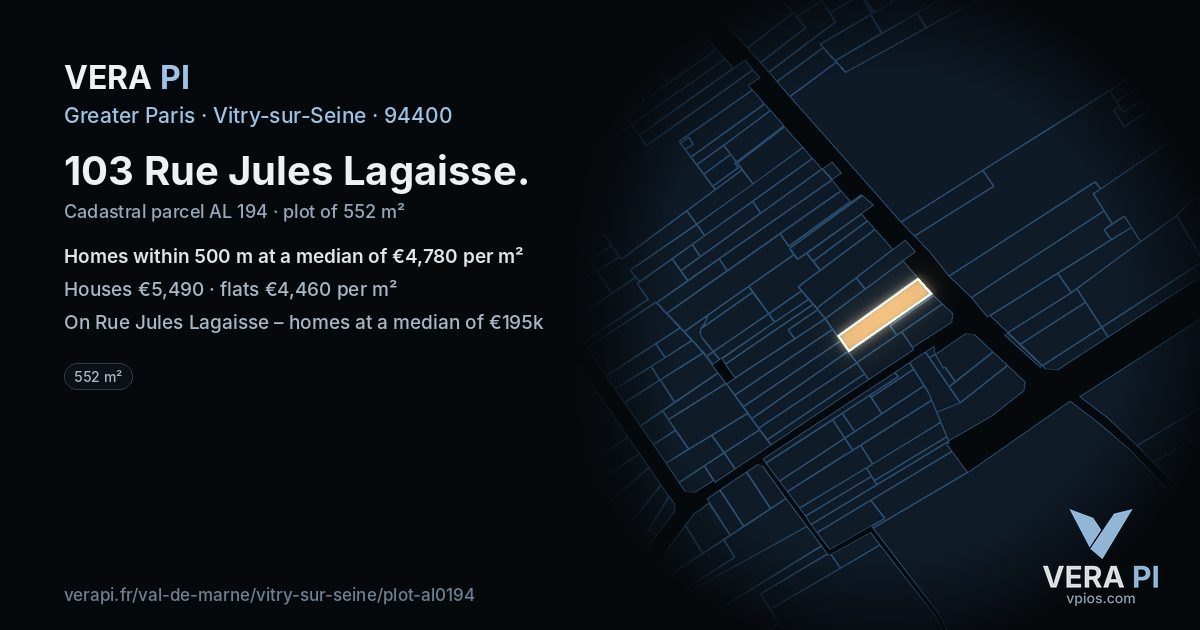 103 Rue Jules Lagaisse, Vitry-sur-Seine at night – the plot lit, the parcels around coloured by the prices near them