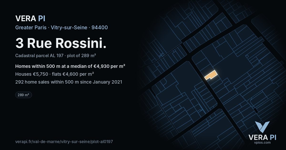 3 Rue Rossini, Vitry-sur-Seine at night – the plot lit, the parcels around coloured by the prices near them