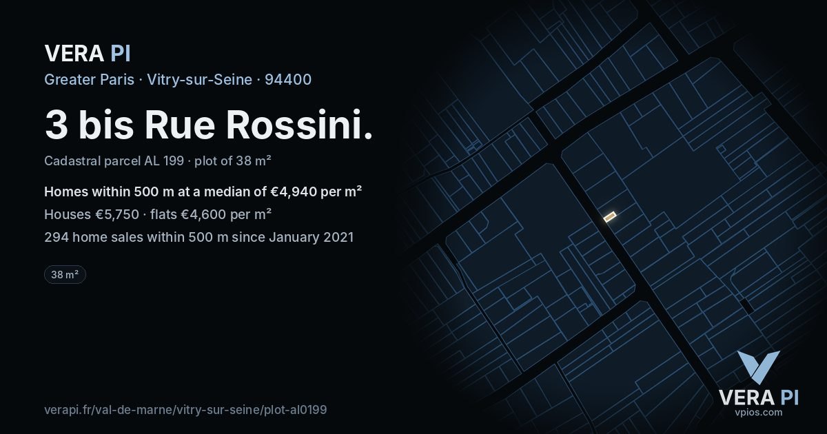 3 bis Rue Rossini, Vitry-sur-Seine at night – the plot lit, the parcels around coloured by the prices near them