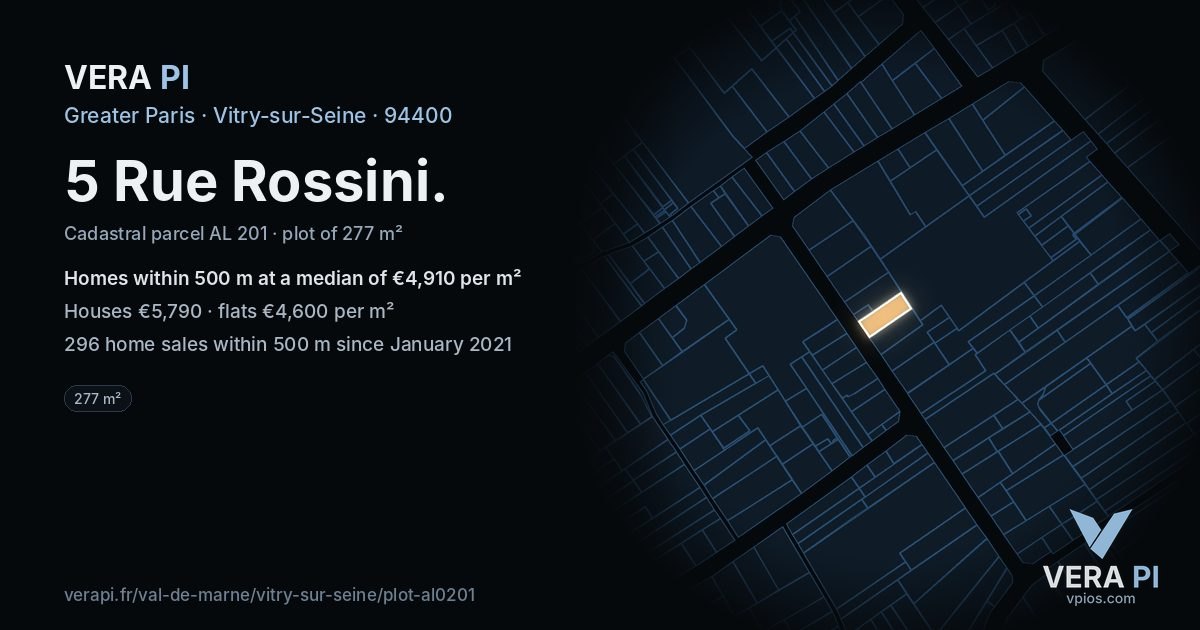 5 Rue Rossini, Vitry-sur-Seine at night – the plot lit, the parcels around coloured by the prices near them