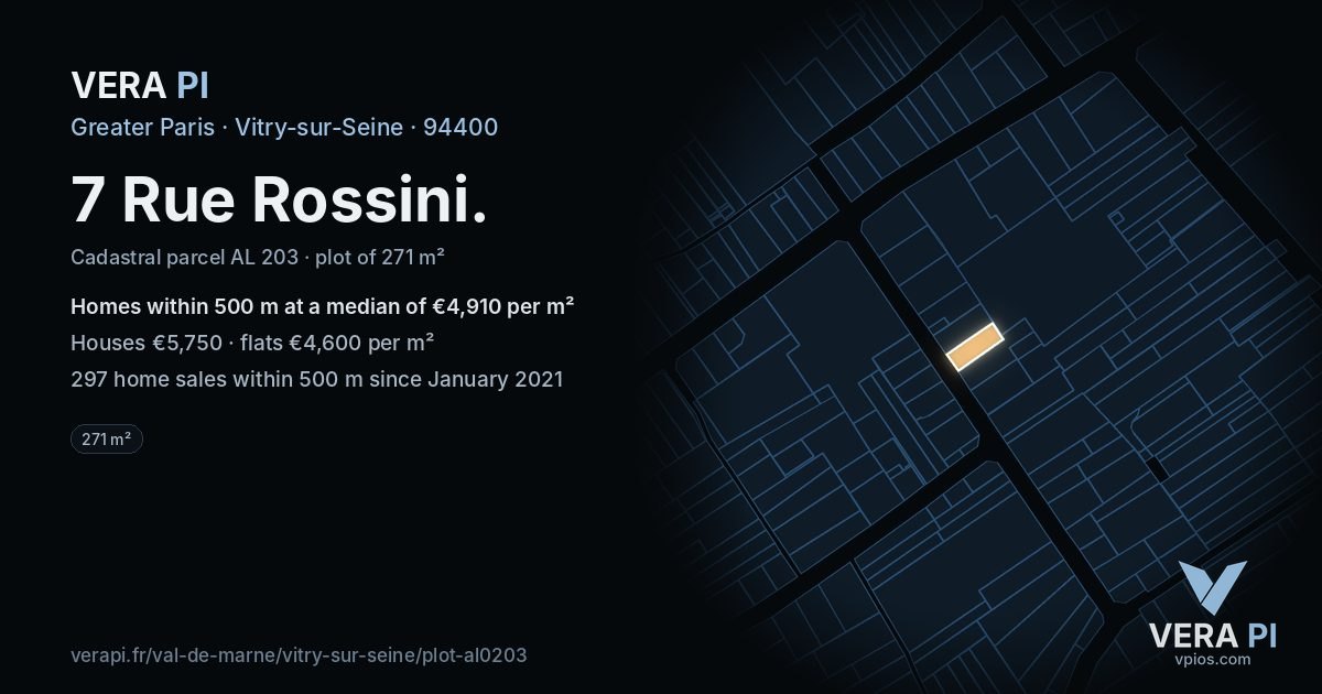 7 Rue Rossini, Vitry-sur-Seine at night – the plot lit, the parcels around coloured by the prices near them