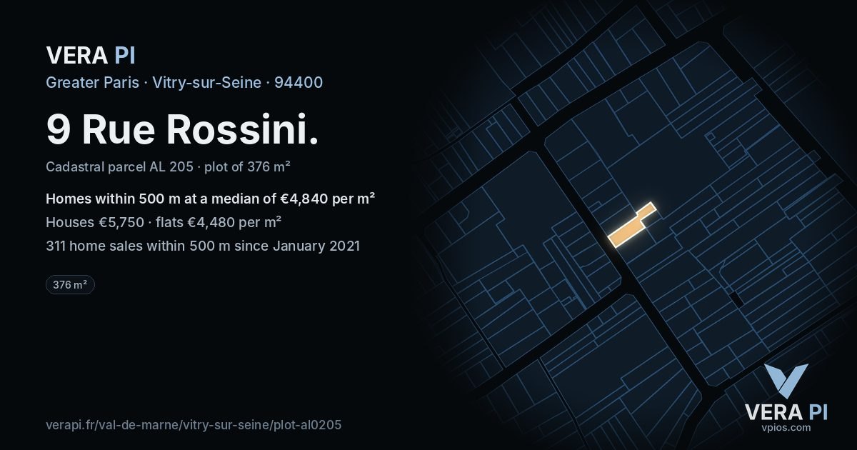 9 Rue Rossini, Vitry-sur-Seine at night – the plot lit, the parcels around coloured by the prices near them