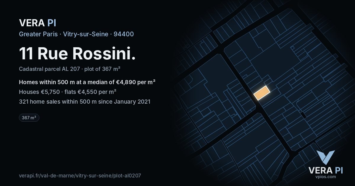 11 Rue Rossini, Vitry-sur-Seine at night – the plot lit, the parcels around coloured by the prices near them