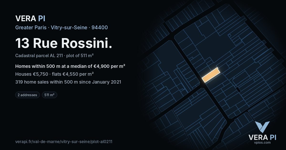 13 Rue Rossini, Vitry-sur-Seine at night – the plot lit, the parcels around coloured by the prices near them