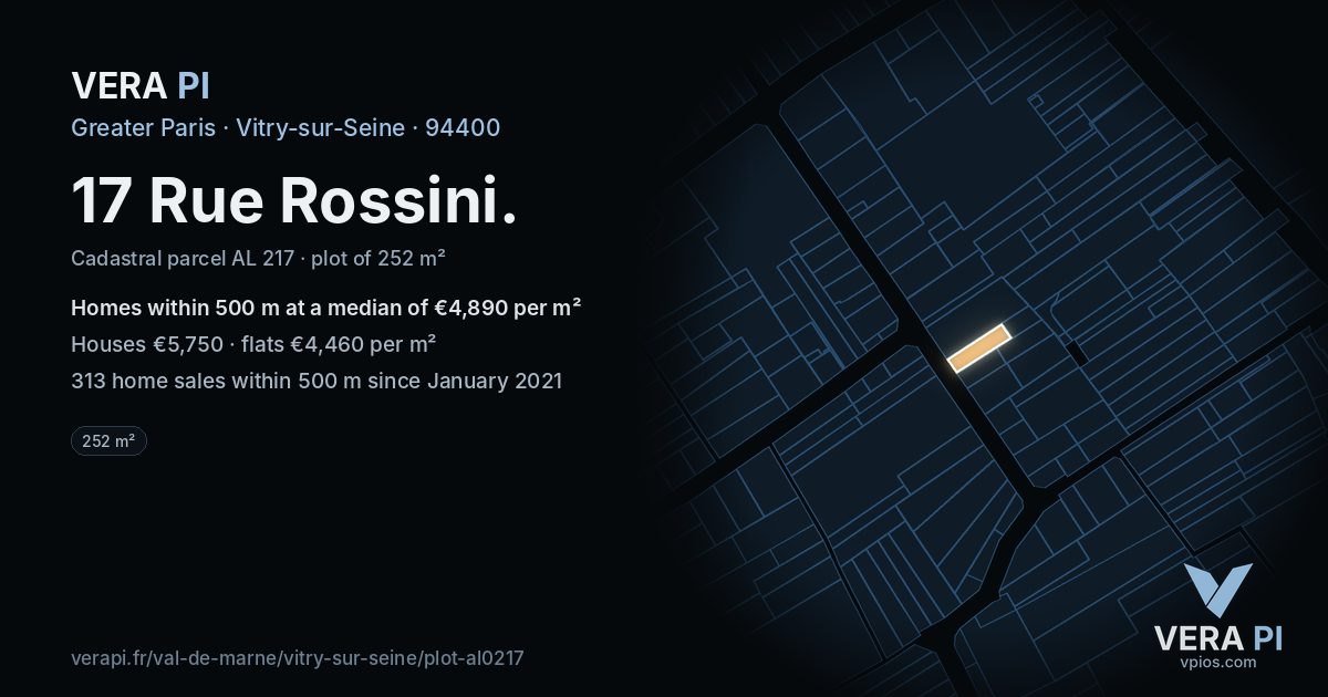 17 Rue Rossini, Vitry-sur-Seine at night – the plot lit, the parcels around coloured by the prices near them