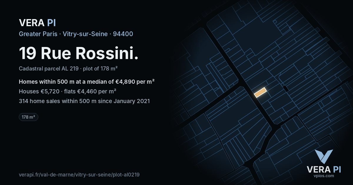 19 Rue Rossini, Vitry-sur-Seine at night – the plot lit, the parcels around coloured by the prices near them