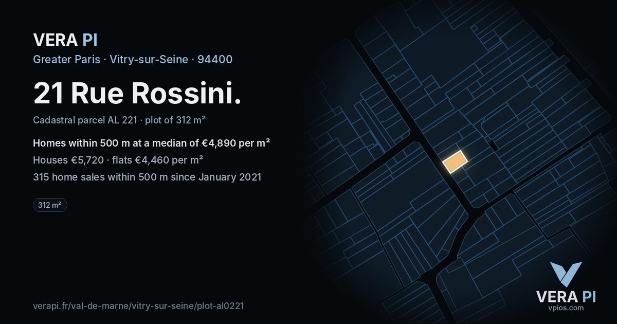 21 Rue Rossini, Vitry-sur-Seine at night – the plot lit, the parcels around coloured by the prices near them
