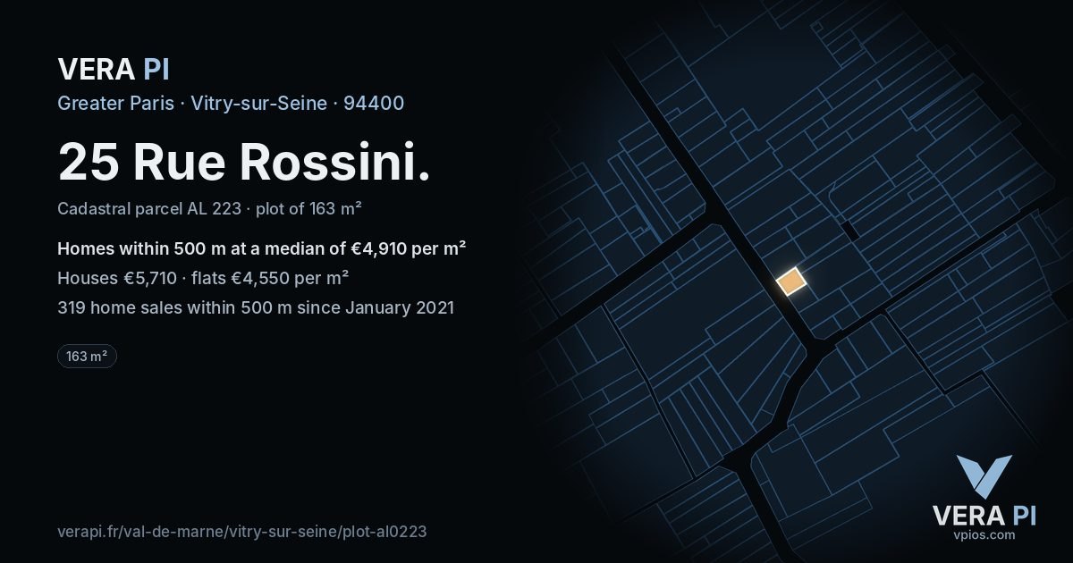 25 Rue Rossini, Vitry-sur-Seine at night – the plot lit, the parcels around coloured by the prices near them