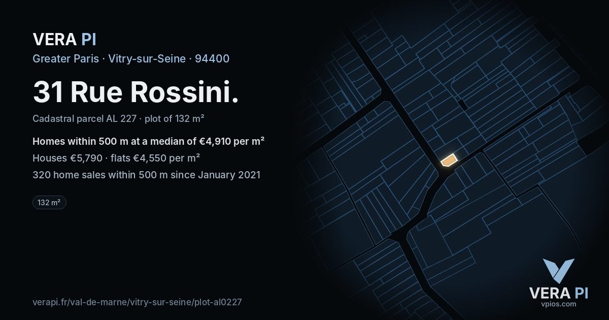 31 Rue Rossini, Vitry-sur-Seine at night – the plot lit, the parcels around coloured by the prices near them
