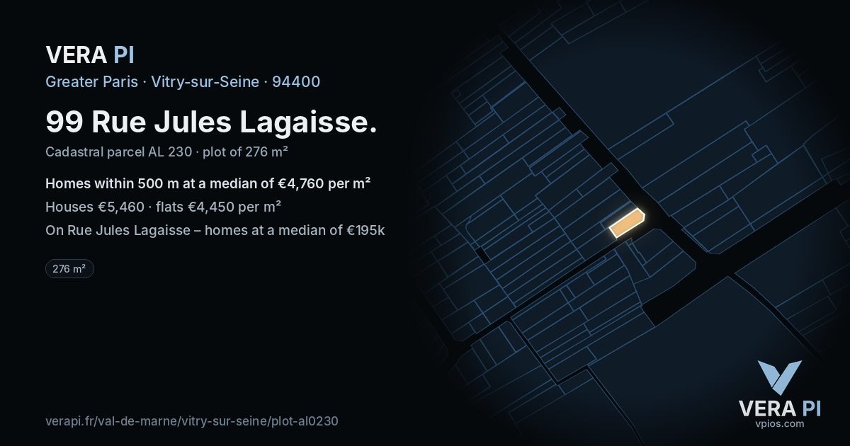 99 Rue Jules Lagaisse, Vitry-sur-Seine at night – the plot lit, the parcels around coloured by the prices near them