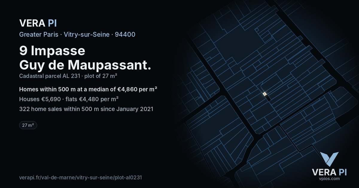 9 Impasse Guy de Maupassant, Vitry-sur-Seine at night – the plot lit, the parcels around coloured by the prices near them