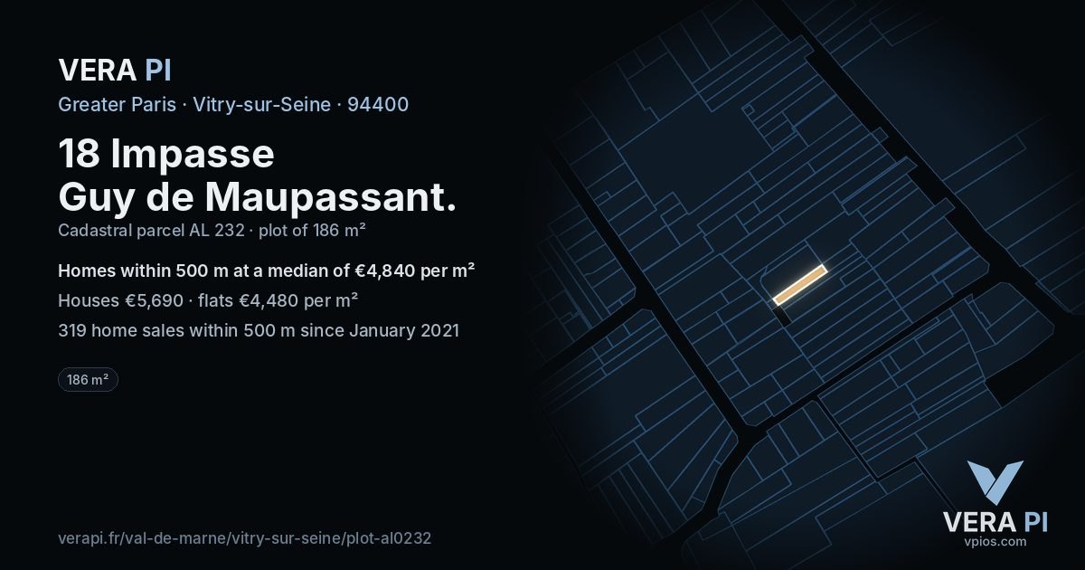 18 Impasse Guy de Maupassant, Vitry-sur-Seine at night – the plot lit, the parcels around coloured by the prices near them