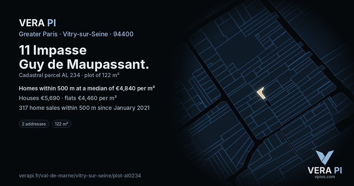 11 Impasse Guy de Maupassant, Vitry-sur-Seine at night – the plot lit, the parcels around coloured by the prices near them