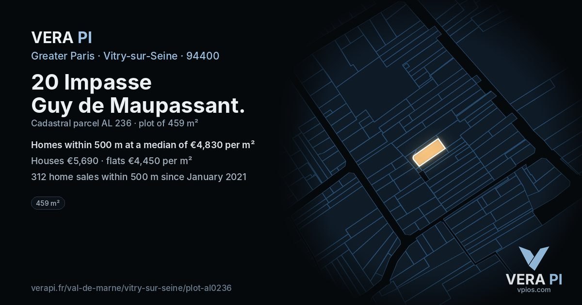 20 Impasse Guy de Maupassant, Vitry-sur-Seine at night – the plot lit, the parcels around coloured by the prices near them