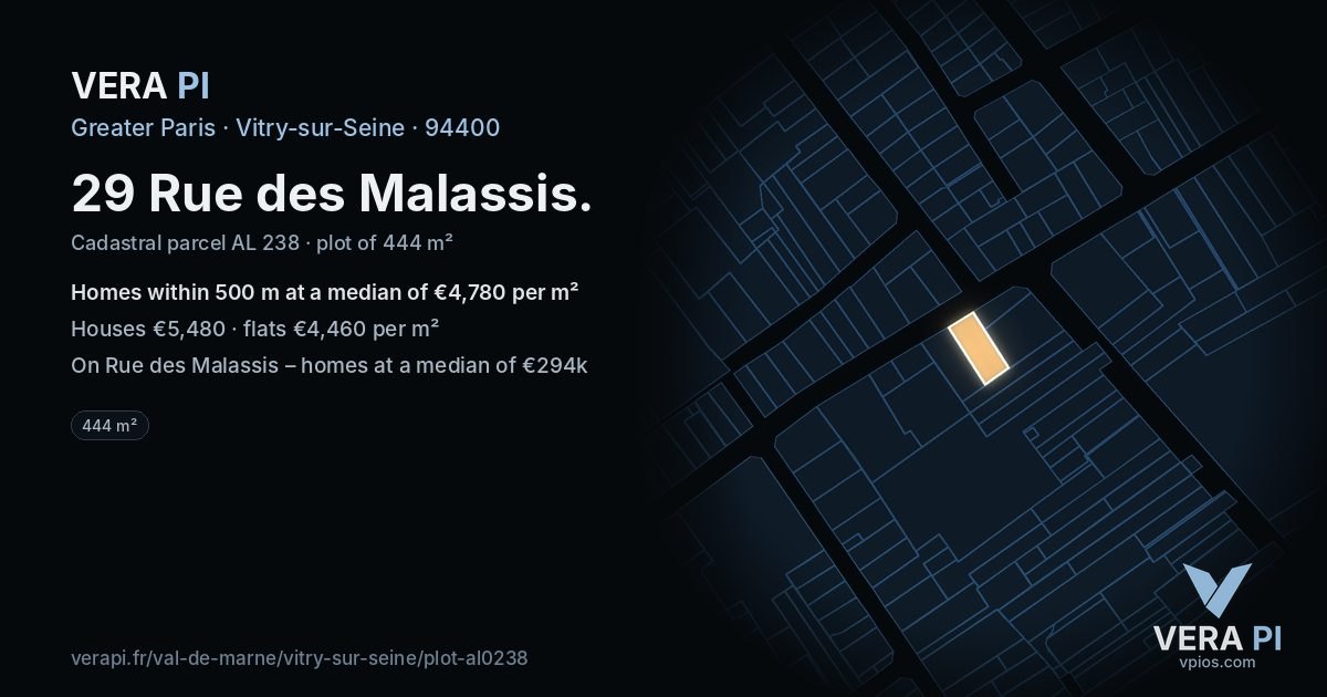 29 Rue des Malassis, Vitry-sur-Seine at night – the plot lit, the parcels around coloured by the prices near them