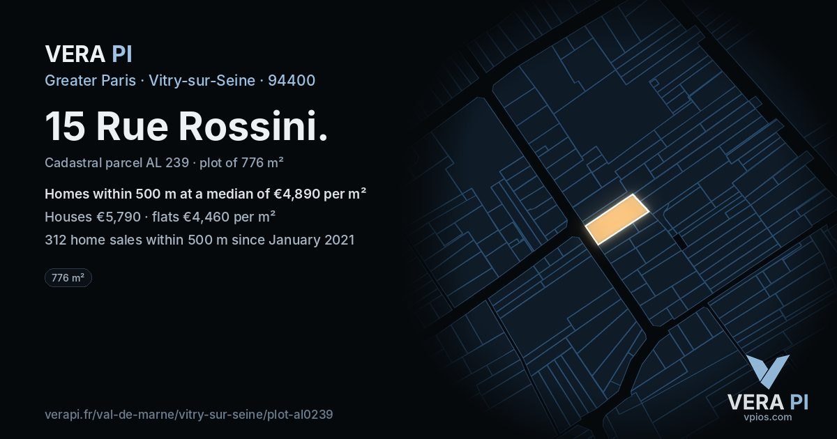 15 Rue Rossini, Vitry-sur-Seine at night – the plot lit, the parcels around coloured by the prices near them