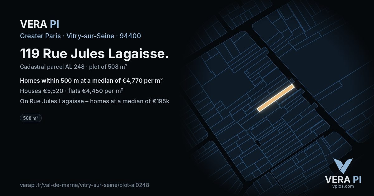 119 Rue Jules Lagaisse, Vitry-sur-Seine at night – the plot lit, the parcels around coloured by the prices near them