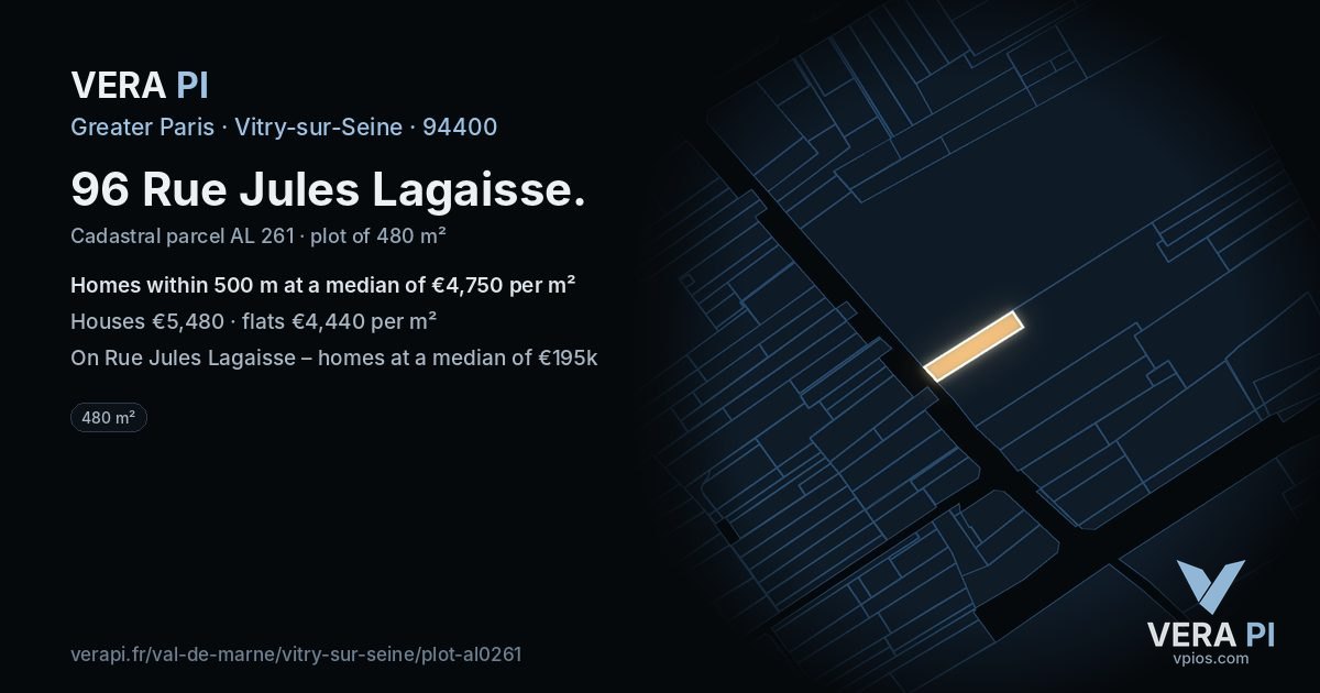 96 Rue Jules Lagaisse, Vitry-sur-Seine at night – the plot lit, the parcels around coloured by the prices near them