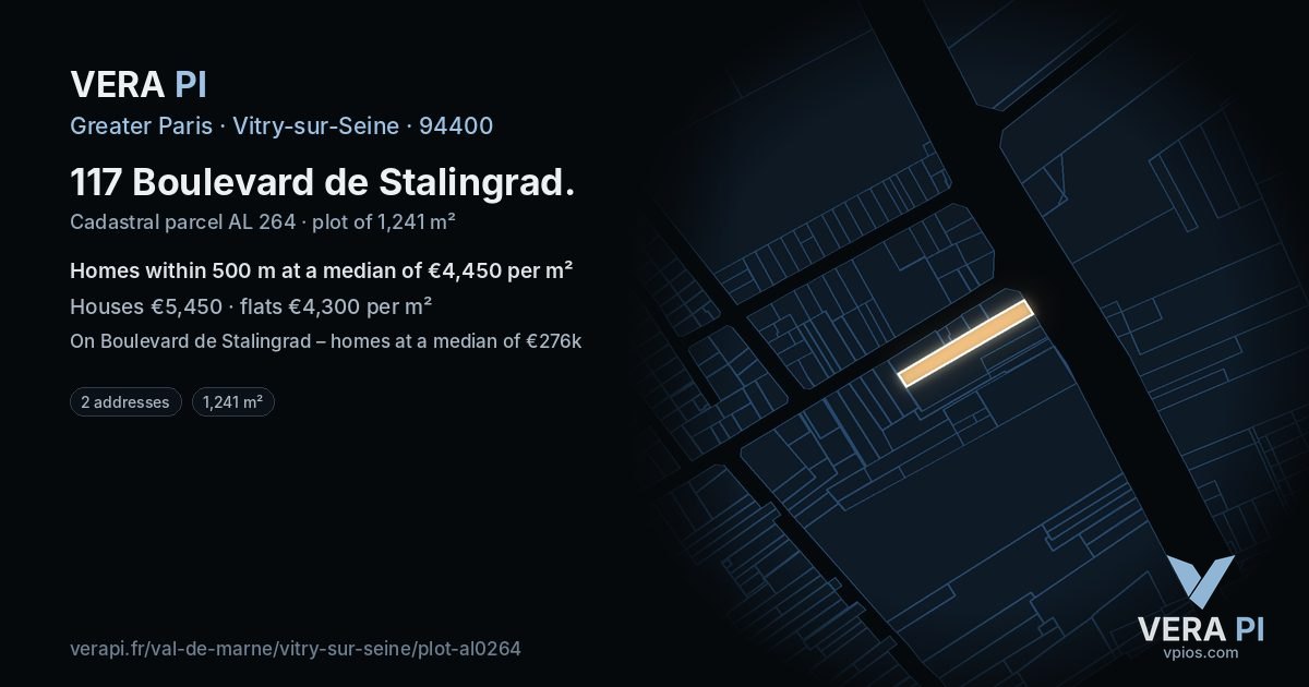 117 Boulevard de Stalingrad, Vitry-sur-Seine at night – the plot lit, the parcels around coloured by the prices near them