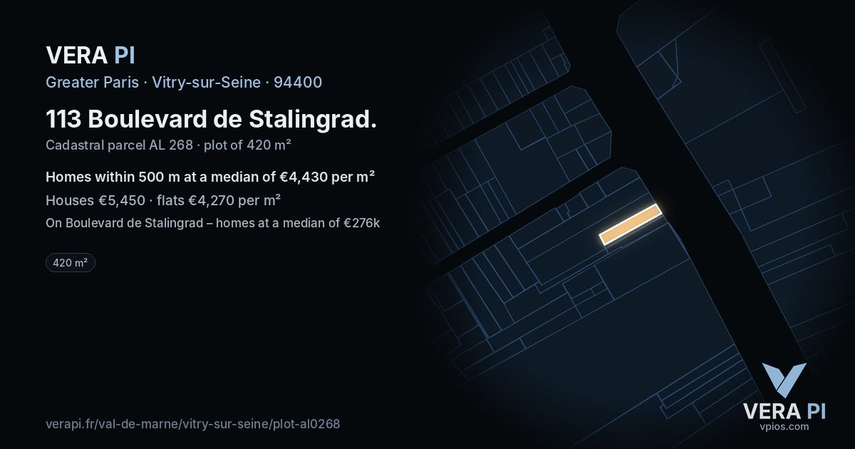 113 Boulevard de Stalingrad, Vitry-sur-Seine at night – the plot lit, the parcels around coloured by the prices near them