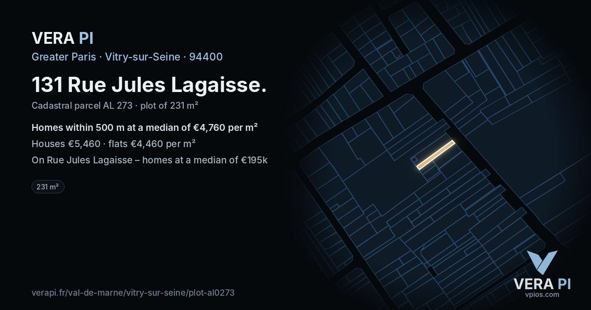 131 Rue Jules Lagaisse, Vitry-sur-Seine at night – the plot lit, the parcels around coloured by the prices near them