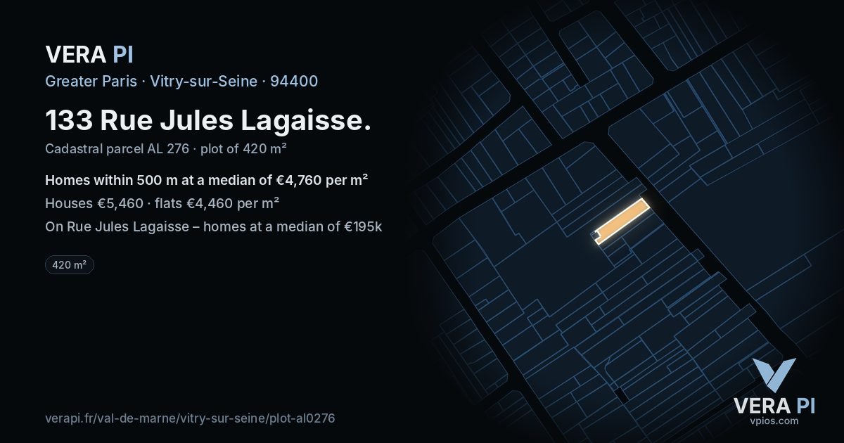 133 Rue Jules Lagaisse, Vitry-sur-Seine at night – the plot lit, the parcels around coloured by the prices near them