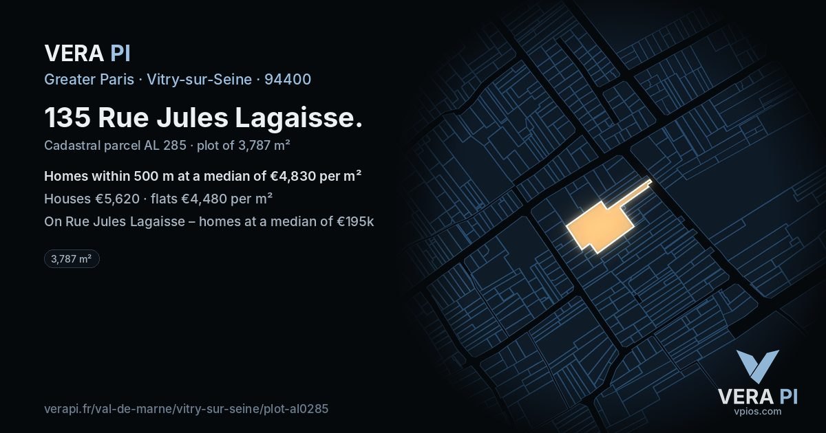 135 Rue Jules Lagaisse, Vitry-sur-Seine at night – the plot lit, the parcels around coloured by the prices near them