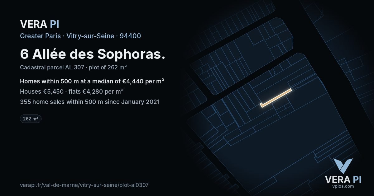 6 Allée des Sophoras, Vitry-sur-Seine at night – the plot lit, the parcels around coloured by the prices near them