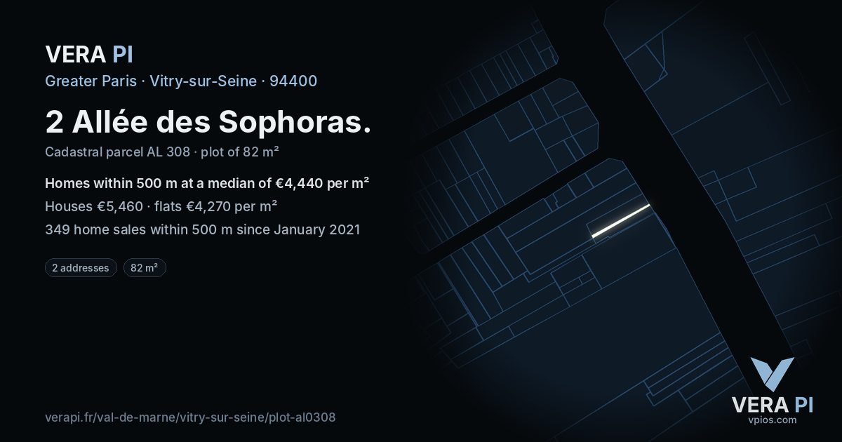 2 Allée des Sophoras, Vitry-sur-Seine at night – the plot lit, the parcels around coloured by the prices near them