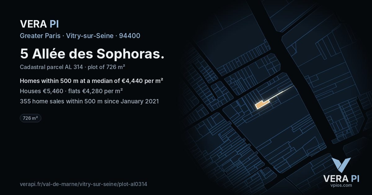 5 Allée des Sophoras, Vitry-sur-Seine at night – the plot lit, the parcels around coloured by the prices near them