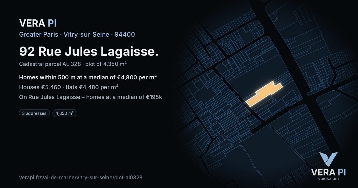 92 Rue Jules Lagaisse, Vitry-sur-Seine at night – the plot lit, the parcels around coloured by the prices near them