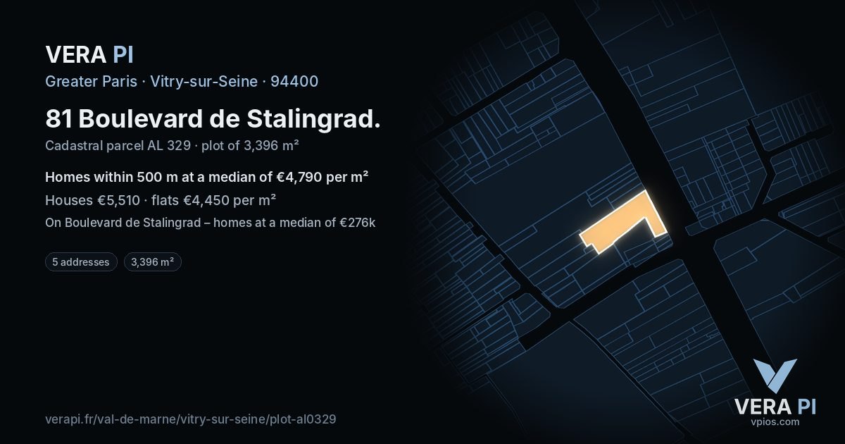 81 Boulevard de Stalingrad, Vitry-sur-Seine at night – the plot lit, the parcels around coloured by the prices near them