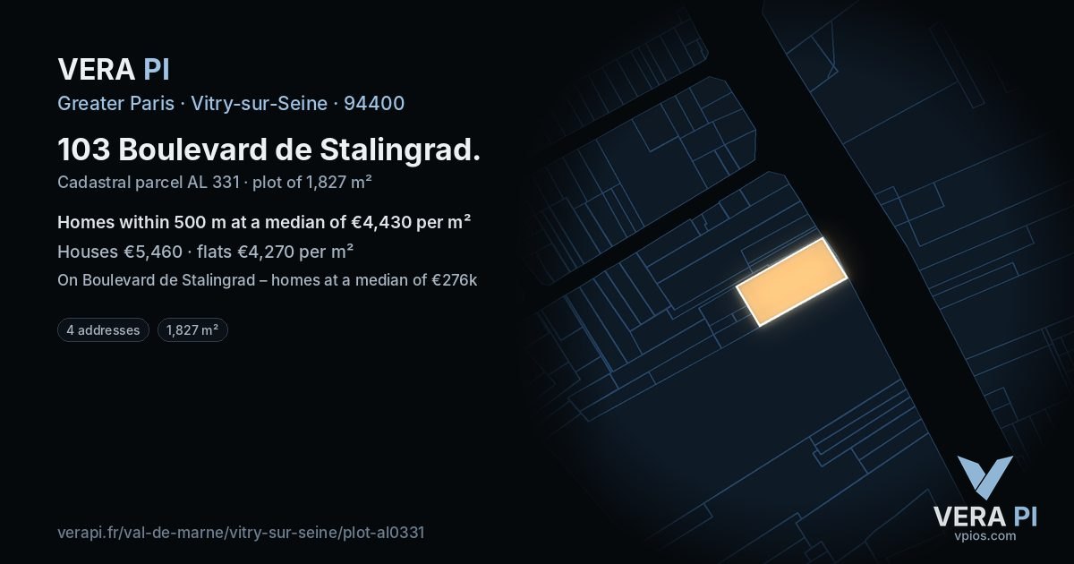103 Boulevard de Stalingrad, Vitry-sur-Seine at night – the plot lit, the parcels around coloured by the prices near them