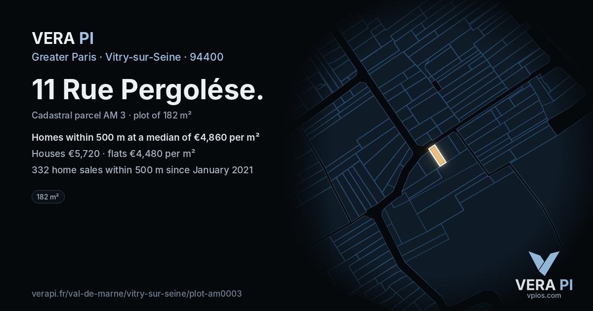 11 Rue Pergolése, Vitry-sur-Seine at night – the plot lit, the parcels around coloured by the prices near them