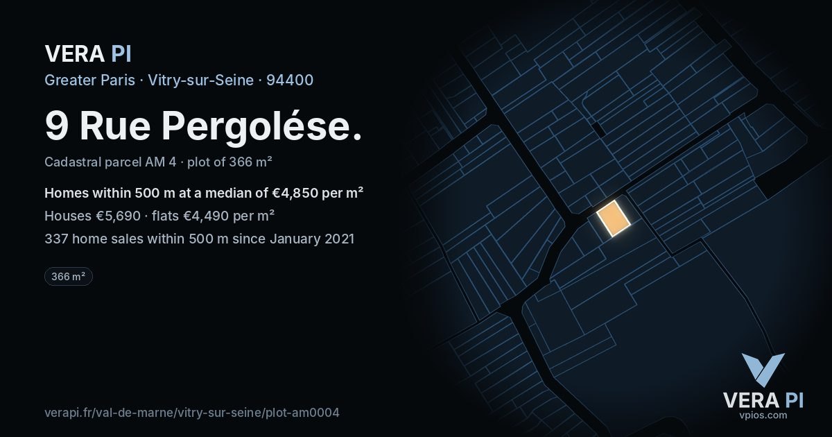 9 Rue Pergolése, Vitry-sur-Seine at night – the plot lit, the parcels around coloured by the prices near them
