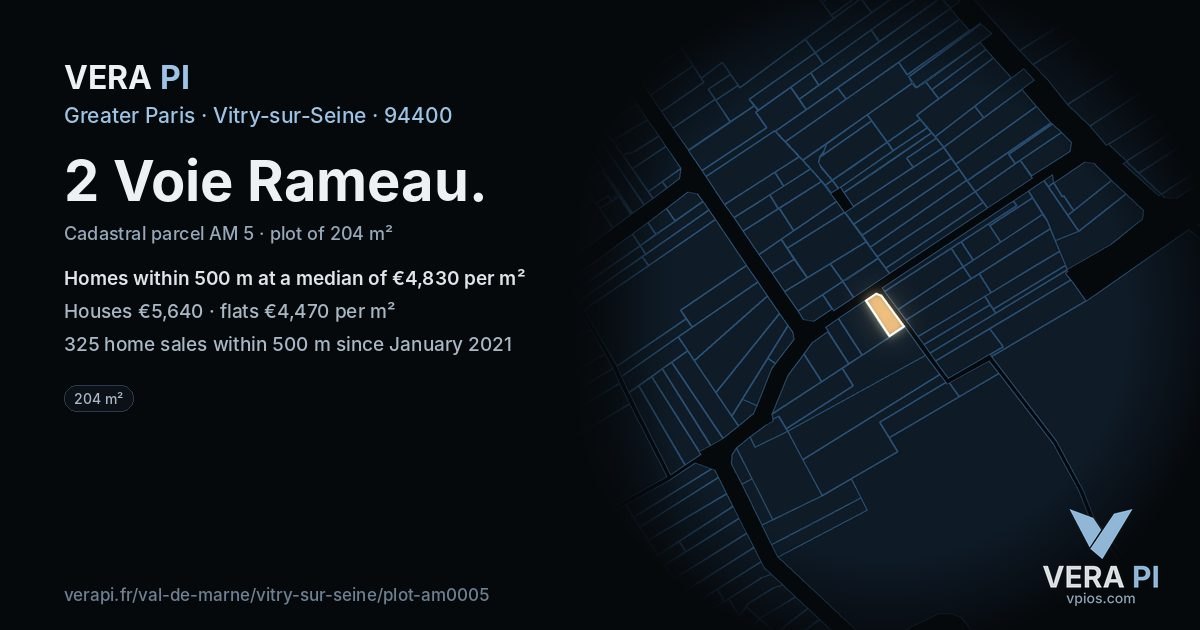 2 Voie Rameau, Vitry-sur-Seine at night – the plot lit, the parcels around coloured by the prices near them