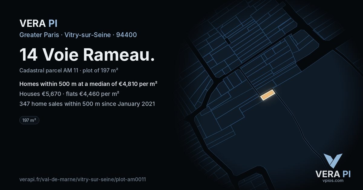 14 Voie Rameau, Vitry-sur-Seine at night – the plot lit, the parcels around coloured by the prices near them