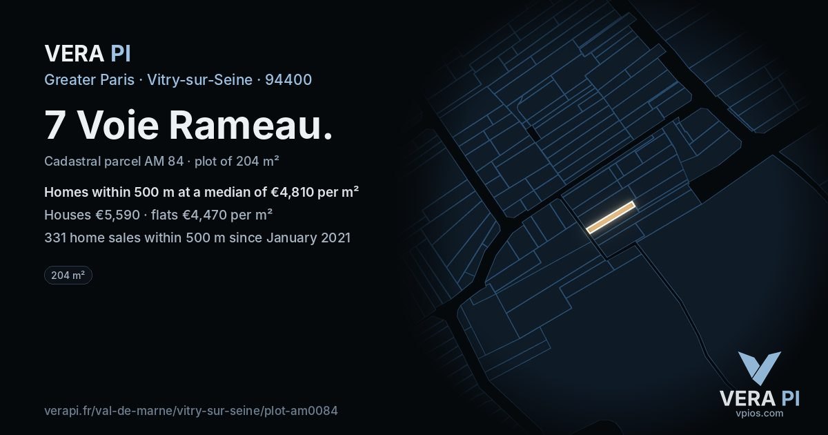 7 Voie Rameau, Vitry-sur-Seine at night – the plot lit, the parcels around coloured by the prices near them