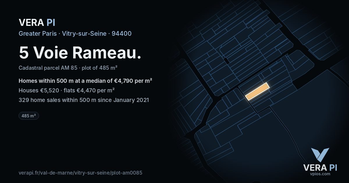 5 Voie Rameau, Vitry-sur-Seine at night – the plot lit, the parcels around coloured by the prices near them