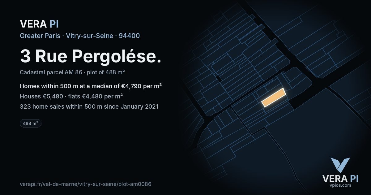 3 Rue Pergolése, Vitry-sur-Seine at night – the plot lit, the parcels around coloured by the prices near them