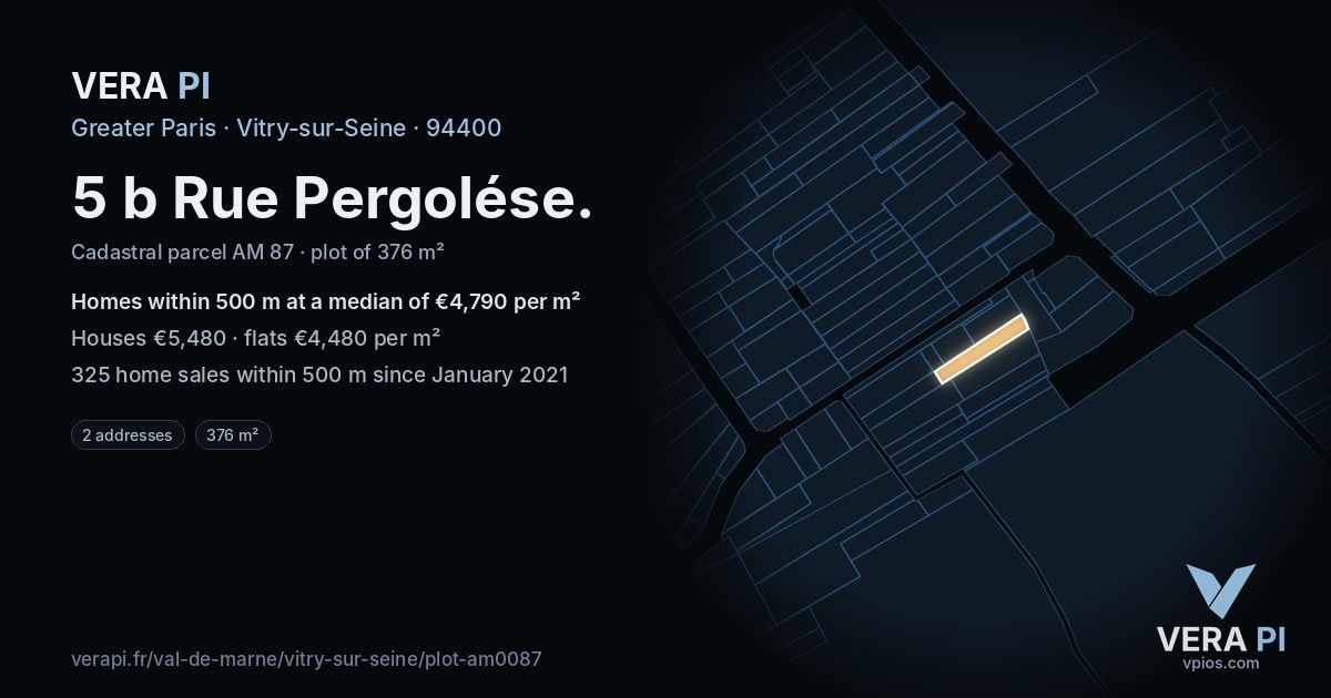 5 b Rue Pergolése, Vitry-sur-Seine at night – the plot lit, the parcels around coloured by the prices near them
