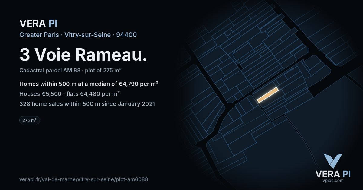 3 Voie Rameau, Vitry-sur-Seine at night – the plot lit, the parcels around coloured by the prices near them