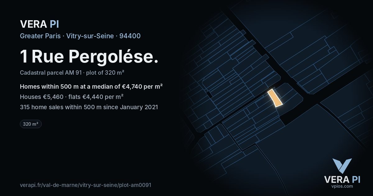 1 Rue Pergolése, Vitry-sur-Seine at night – the plot lit, the parcels around coloured by the prices near them