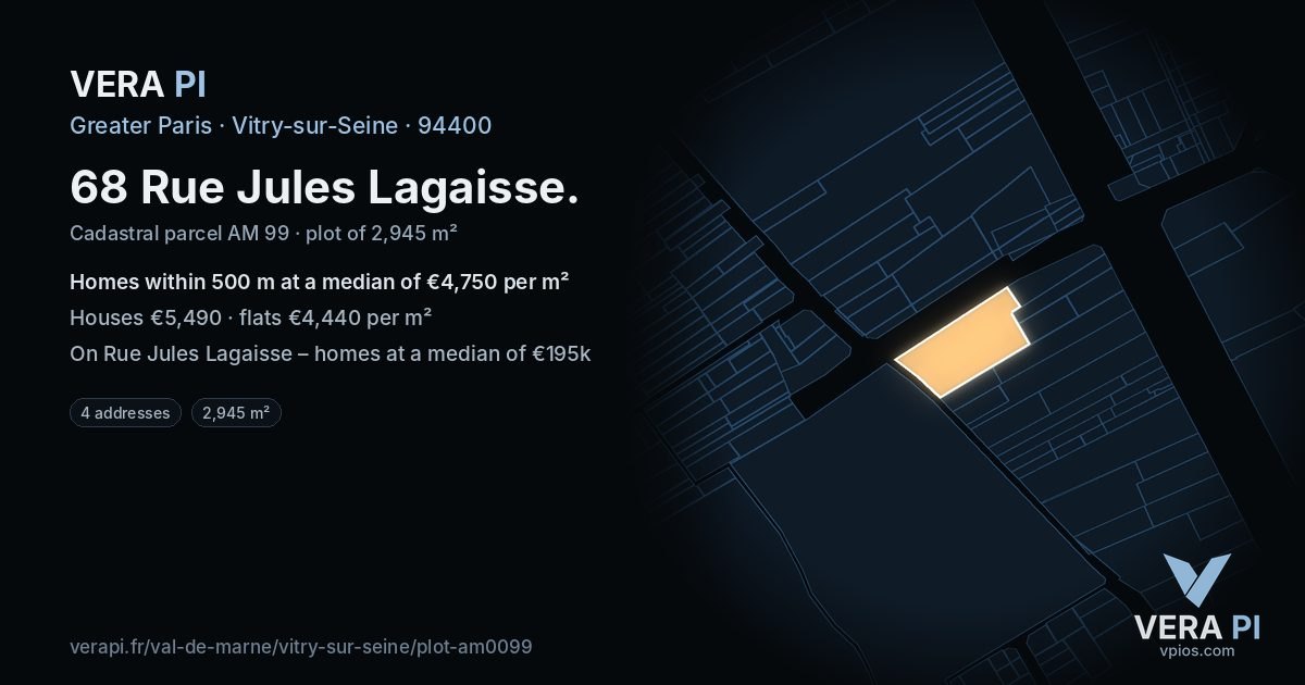 68 Rue Jules Lagaisse, Vitry-sur-Seine at night – the plot lit, the parcels around coloured by the prices near them